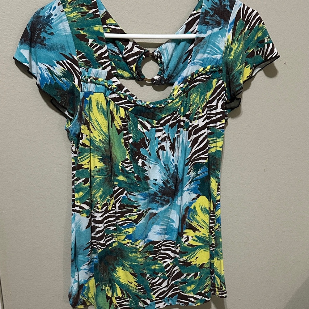 AGB Blue and Green Patterned Blouse with Keyhole Back